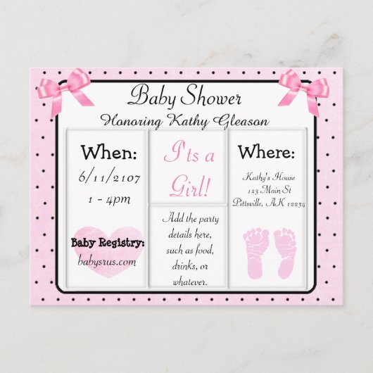 Carte postale Invitation Baby shower rose et noir (Devant)