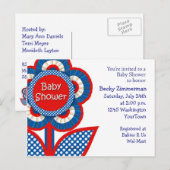 Carte Postale Invitation Baby shower rouge, blanc et bleu (Devant / Derrière)