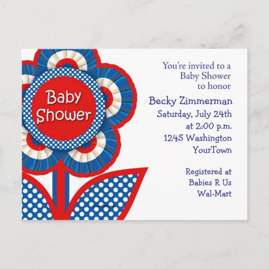 Carte Postale Invitation Baby shower rouge, blanc et bleu (Devant)