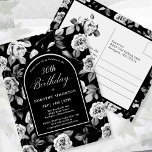 Carte postale Invitation Black White Floral 30e an<br><div class="desc">Un motif floral rose noir et blanc très élégant crée un modèle d'invitation par carte postale de 30e anniversaire. Texte blanc et calligraphie sont encadrés par une arche noire bordée de blanc. Cet article fait partie de la Collection Florale de Rose Noire et Blanche. il contient des modèles pour créer...</div>