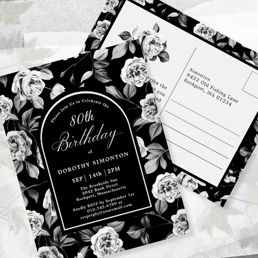 Carte postale Invitation Black White Floral 80e an
