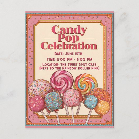 Carte Postale Invitation "Candy Pop Celebration" avec Lollipops (Devant)