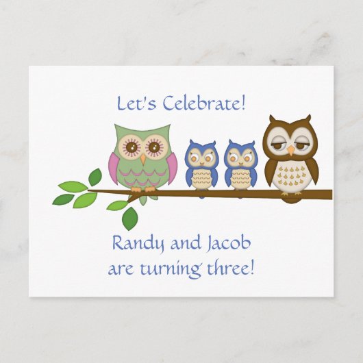 Carte Postale Invitation d'anniversaire de Owl Twin Boys (Devant)