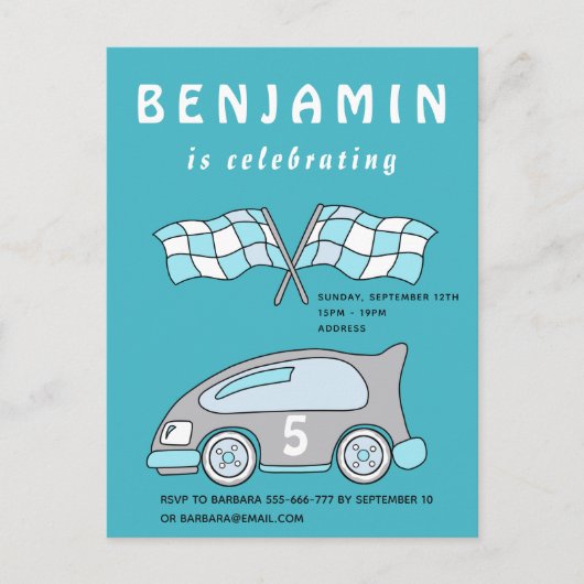 Carte Postale Invitation d'anniversaire de voiture de course (Devant)