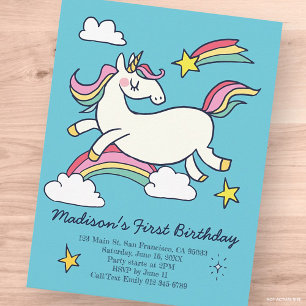 Carte Postale Invitation d'anniversaire licorne arc-en-ciel mign