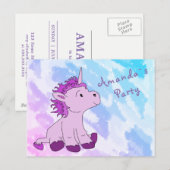 Carte Postale Invitation d'anniversaire Licorne Rose (Devant / Derrière)
