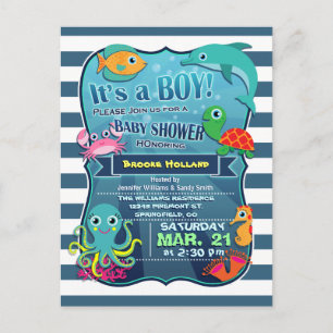 Carte Postale Invitation de Baby shower Garçon Sea Life coloré