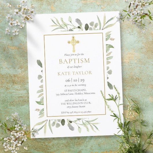 Carte Postale Invitation de baptême croix dorée feuillage