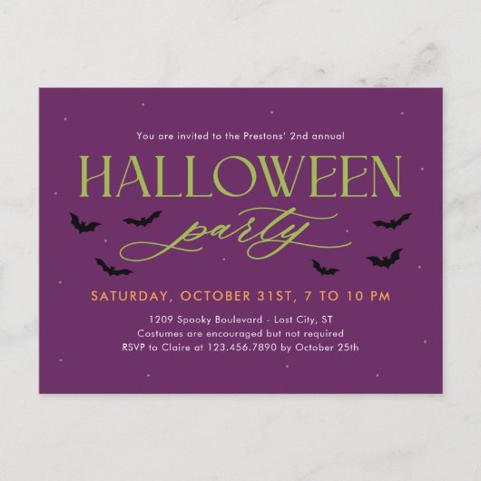 Carte postale Invitation de couleur modifiable Bat (Devant)