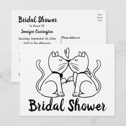 Carte Postale Invitation de douche nuptiale de chat noir blanc m (Devant / Derrière)