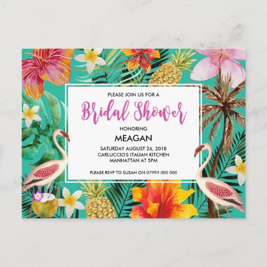 Carte Postale Invitation de douche nuptiale flamingo tropical (Devant)
