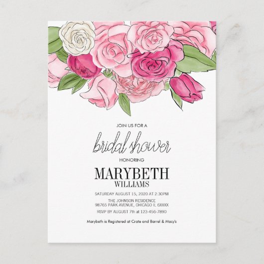 Carte postale Invitation de douche nuptiale Roses (Devant)