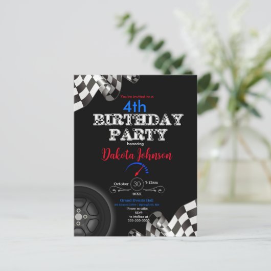 Carte Postale Invitation de drapeau à damier de course (Debout devant)