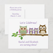 Carte Postale Invitation de fête d'anniversaire de Owl Twins (Devant / Derrière)