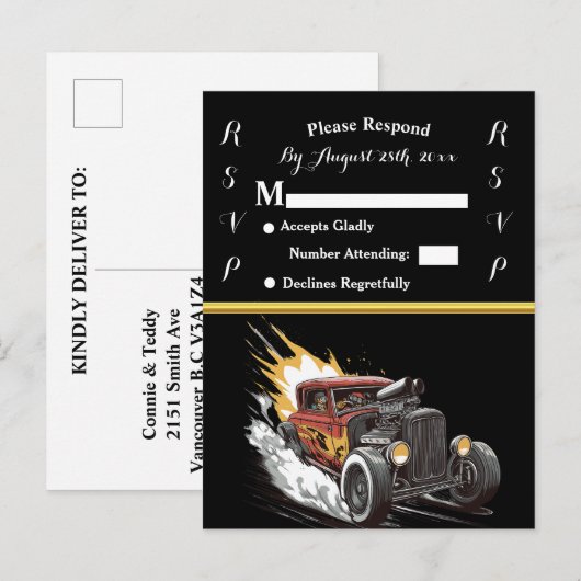 Carte Postale Invitation de mariage et Hot Rod (Devant / Derrière)