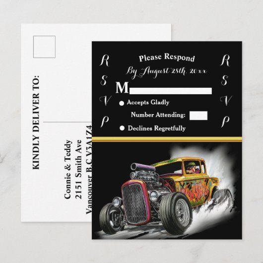 Carte Postale Invitation de mariage et Hot Rod (Devant / Derrière)