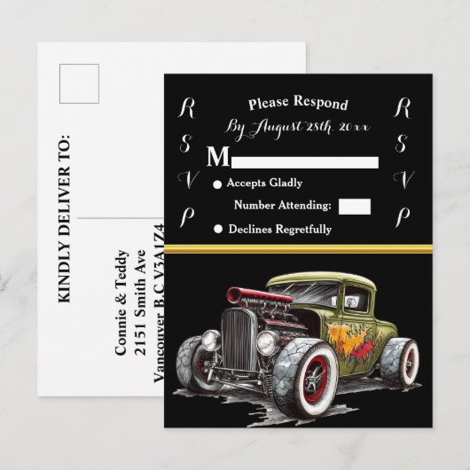 Carte Postale Invitation de mariage et Hot Rod (Devant / Derrière)