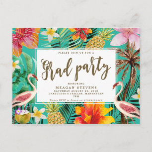 Carte Postale Invitation du Grad Party flamingo tropical hibiscu