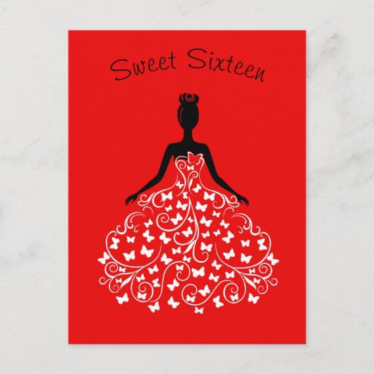 Carte Postale Invitation du Sweet sixteen rouge noir papillon (Devant)