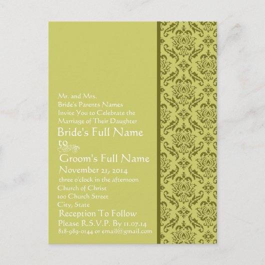 Carte Postale Invitation Elegant Lime Mariage damassé (Devant)
