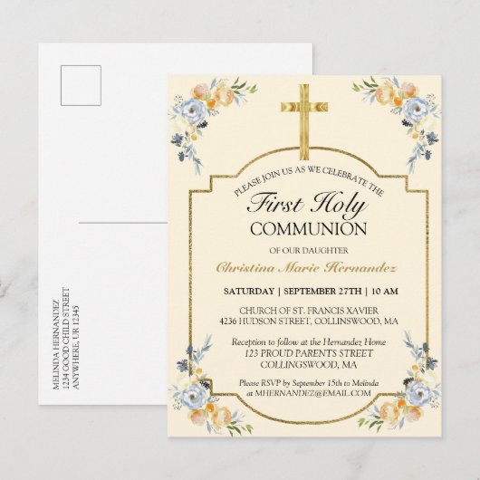 Carte Postale Invitation élégante de première communion croix do (Devant / Derrière)