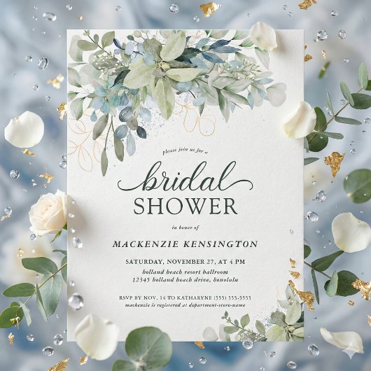 Carte Postale Invitation Eucalyptus Vert Bleu Douche nuptiale