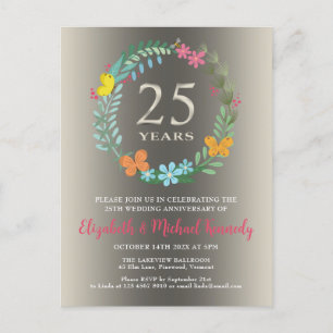 Carte Postale Invitation florale du 25e anniversaire du Mariage 