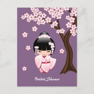 Carte Postale Invitation Kimono Rose Kawaii Kokeshi Poupee Viole