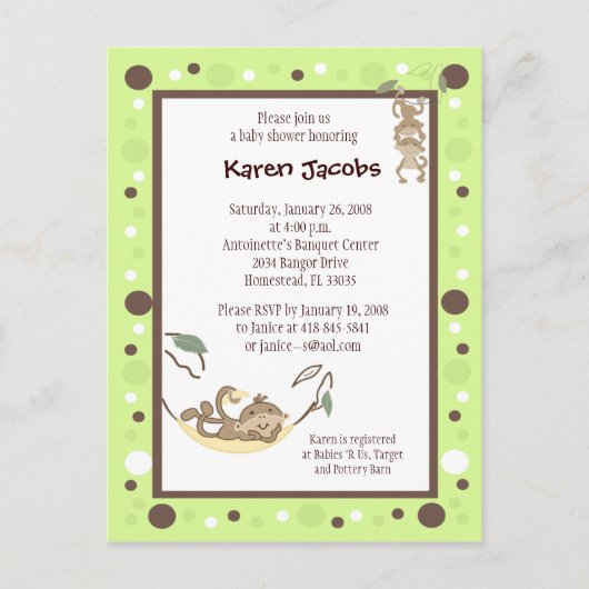 Carte Postale Invitation Monkey Business Green et point Brown (Devant)