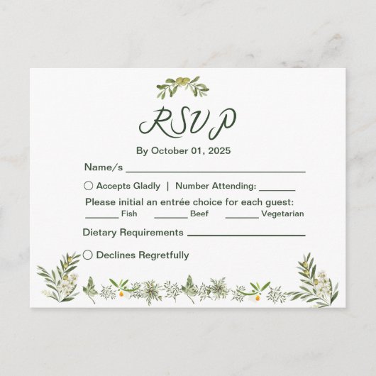 Carte postale Invitation Olive Green RSVP (Devant)
