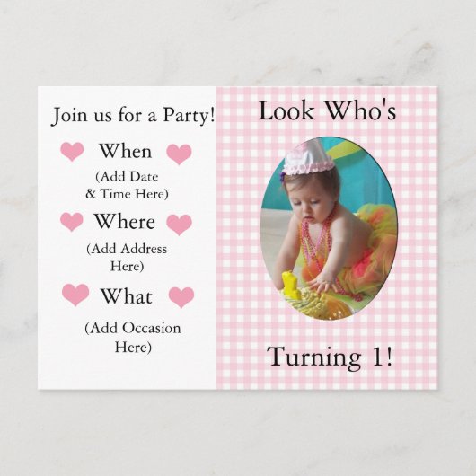 Carte Postale Invitation pour le 1er anniversaire d'une fille (Devant)