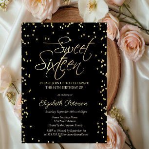 Carte Postale Invitation Simple Or Diamants Noir Sweet 16