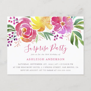 Carte Postale Invitation surprise fête florale aquarelle moderne