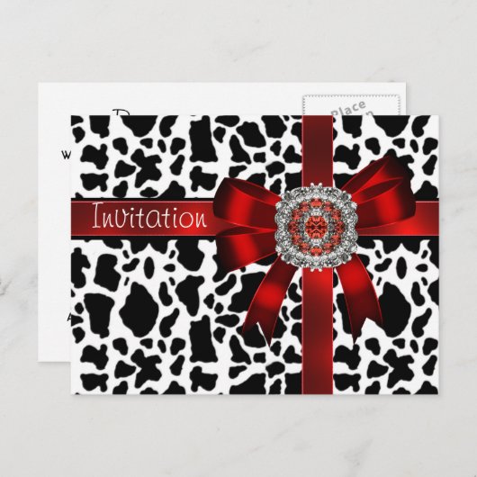 Carte postale Invitation Vache rouge Bow noir blan (Devant / Derrière)