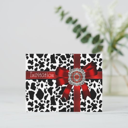 Carte postale Invitation Vache rouge Bow noir blan (Debout devant)