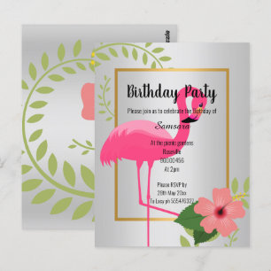 CARTE POSTALE INVITE ANNIVERSAIRE FLAMANT ROSE HIBISCUS ARGENT O