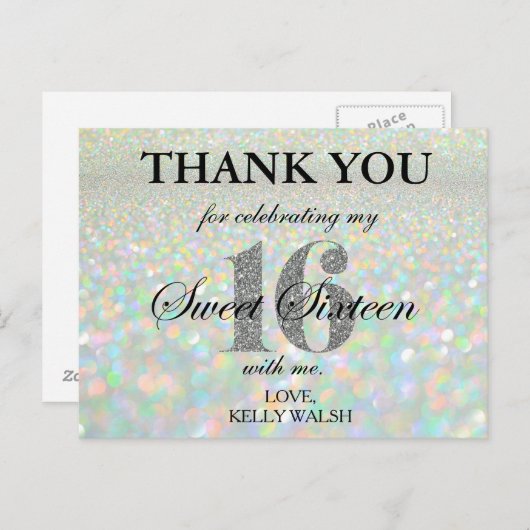 Carte Postale Iridescente Bokeh Lights Sweet 16 Merci Note (Devant / Derrière)