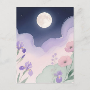 Carte Postale Iris Floral Nocturne à l'aquarelle sous la pleine