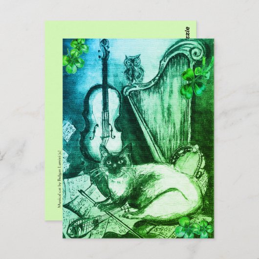 Carte Postale Irish Harp et St.Patrick's Day Cat Making Music (Devant / Derrière)