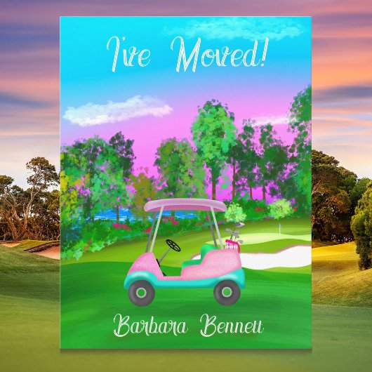 Carte Postale I've Moved Sunset Golf Course Pink Golf Cart