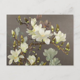 Carte Postale ivoire beige botanique Broderie magnolia florale