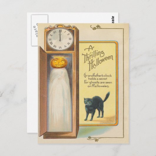 Carte Postale Jack-o'-lantern Ghost Chat noir Grand-père Horloge (Devant / Derrière)