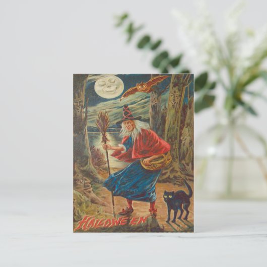 Carte Postale Jack-o'-lantern Sorcière noir chat lune (Debout devant)