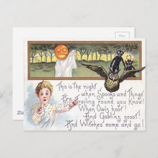 Carte Postale Jack O'Lantern Citrouille Ghost Owl Goblin (Devant / Derrière)