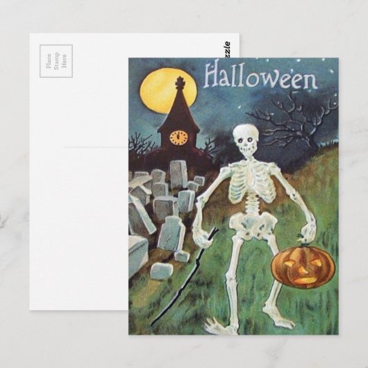 Carte Postale Jack O'Lantern Citrouille Skeleton Cimetière (Devant / Derrière)