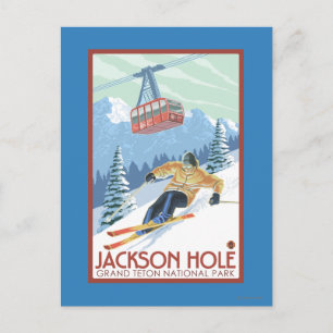 Carte Postale Jackson Hole, skieur du Wyoming et tram