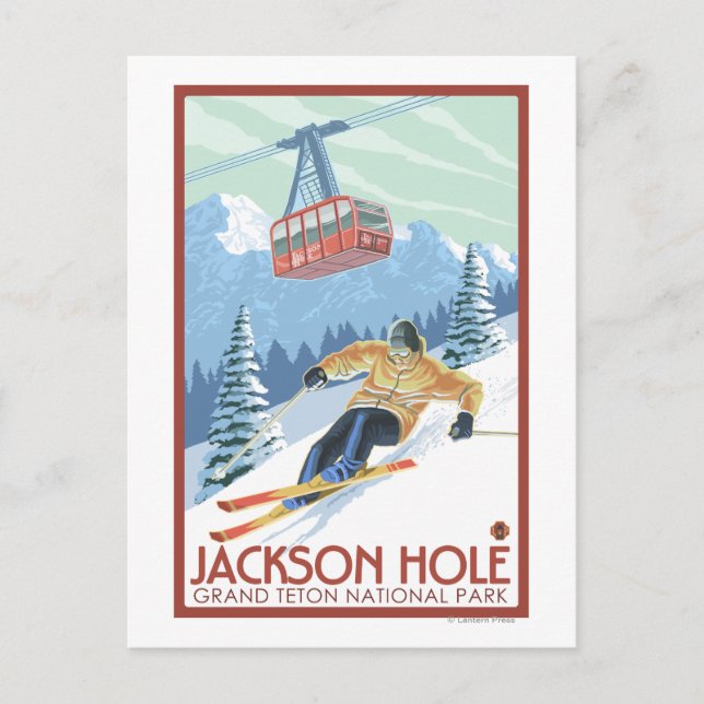 Carte Postale Jackson Hole, Wyoming Skier et Tramway (Devant)