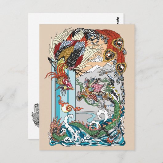 Carte Postale Jade Dragon and Gold Phoenix playing with a pearl (Devant / Derrière)