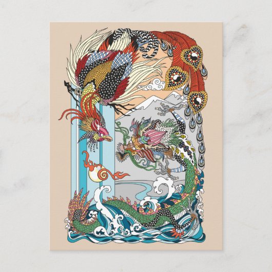 Carte Postale Jade Dragon and Gold Phoenix playing with a pearl (Devant)