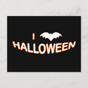 Carte Postale J'adore Halloween (Chauve-souris) Orange Blanc
